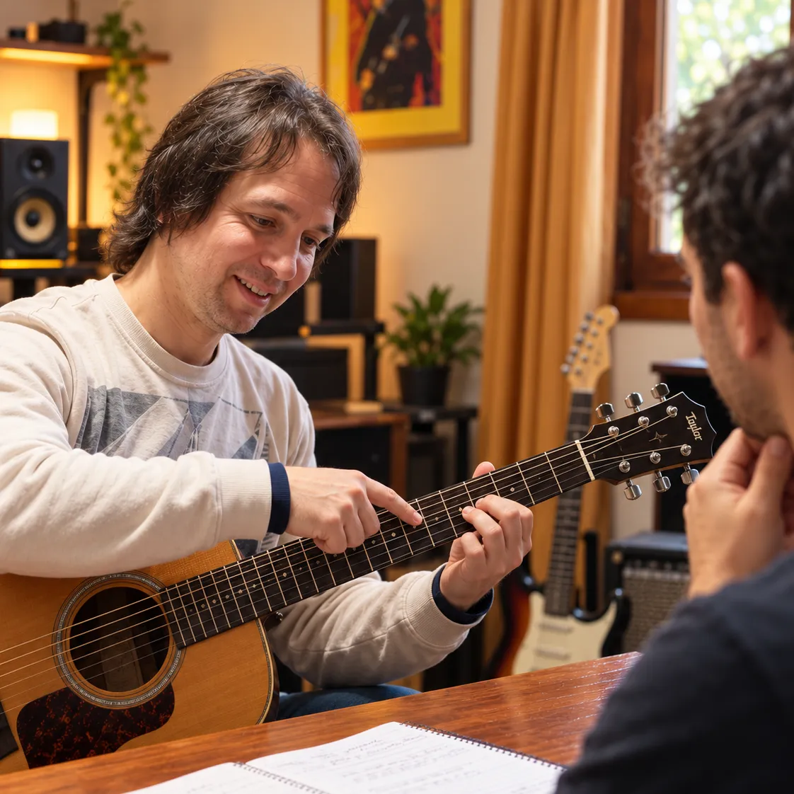 Alejandro Marcello enseñando guitarra en el estudio, con gesto docente visible